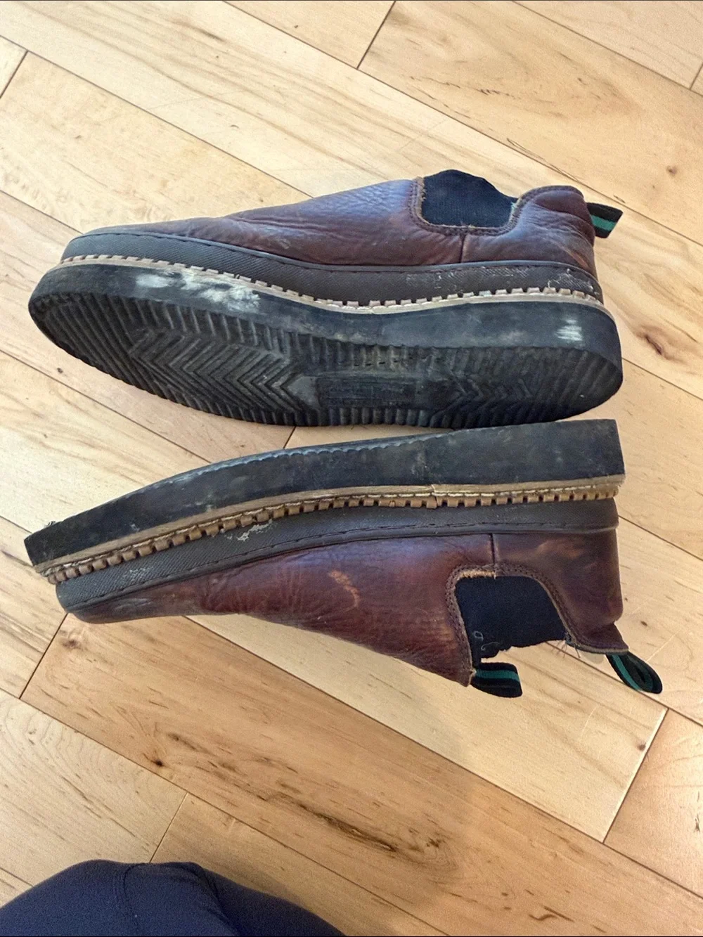 Georgia Boot Brown Leather Slip-On Loafers with Teal Accent